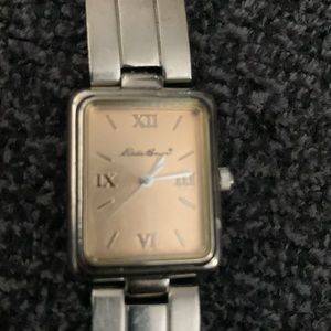 Eddie Bauer silver and rose gold rectangular face watch